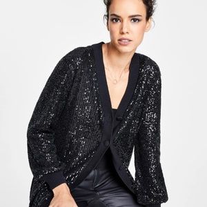 INC INTERNATIONAL CONCEPTS BLACK OVERSIZED SEQUIN CARDIGAN DEEP LARGE